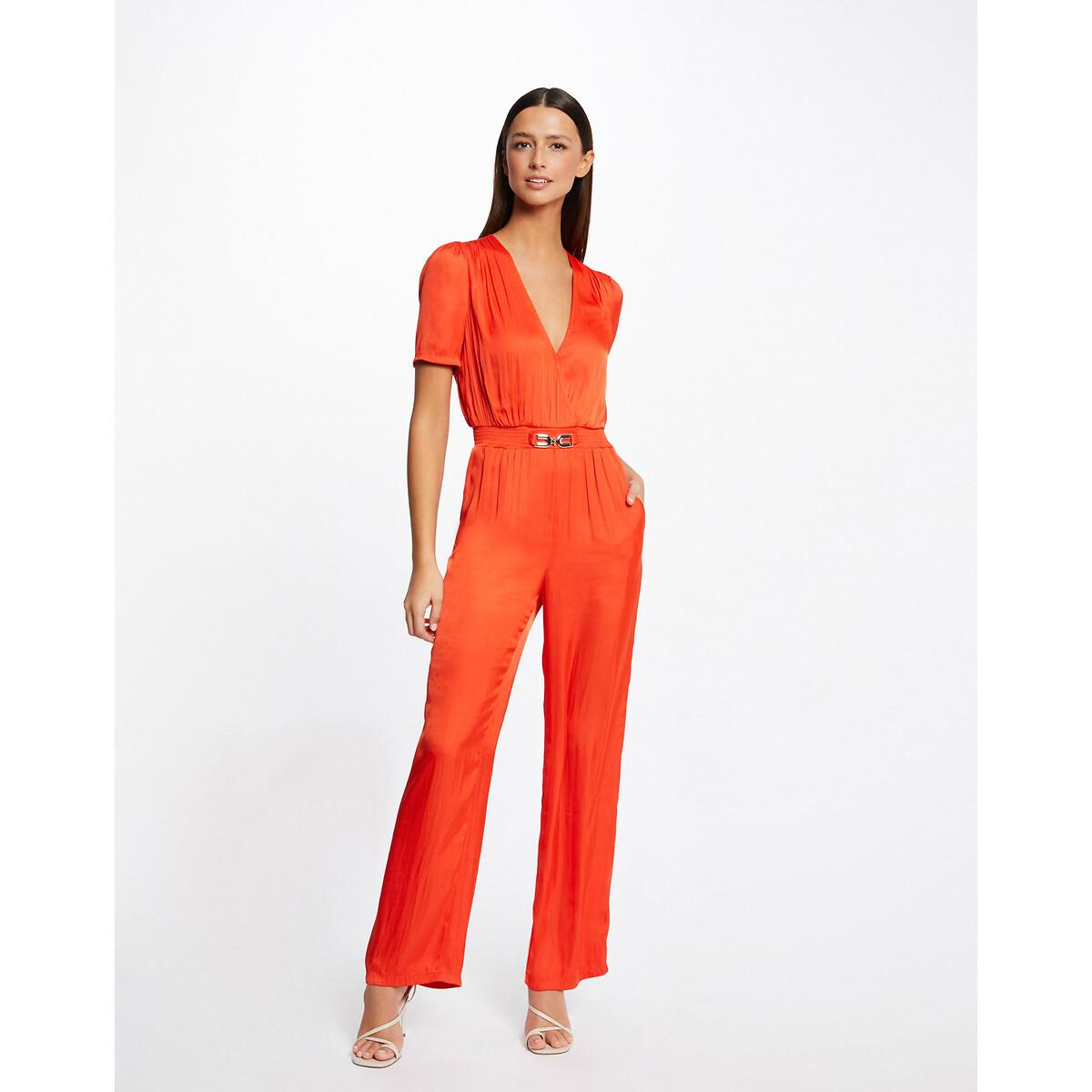 Weich fliessender Jumpsuit mit kurzen Ärmeln, Satin von Morgan