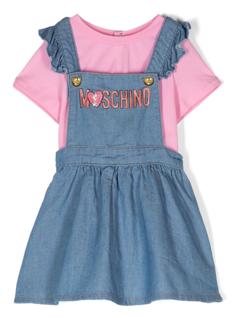 Moschino Kids logo-print denim overall dress - Pink von Moschino Kids