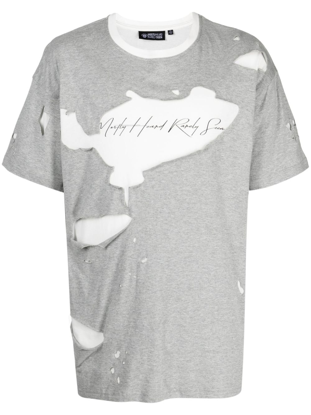 Mostly Heard Rarely Seen logo-print ripped-detail T-shirt - Grey von Mostly Heard Rarely Seen