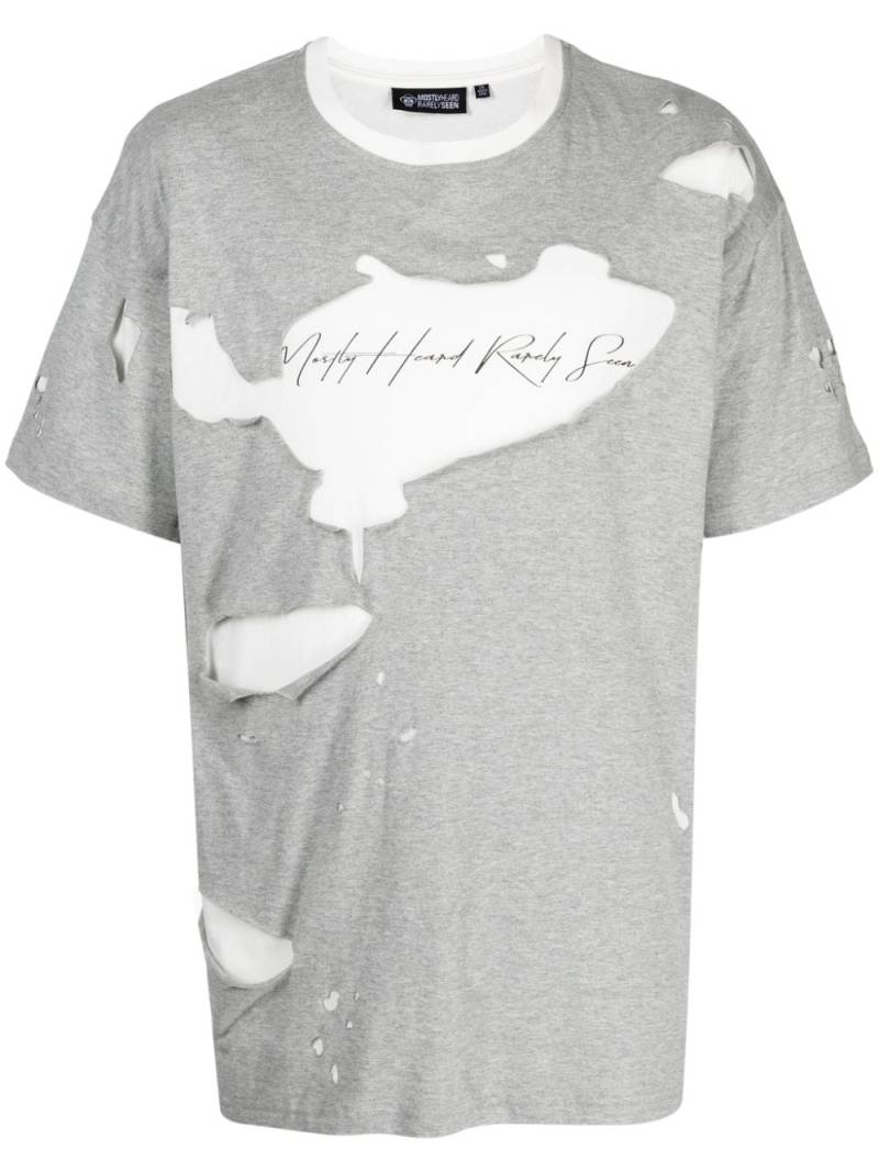 Mostly Heard Rarely Seen logo-print ripped-detail T-shirt - Grey von Mostly Heard Rarely Seen