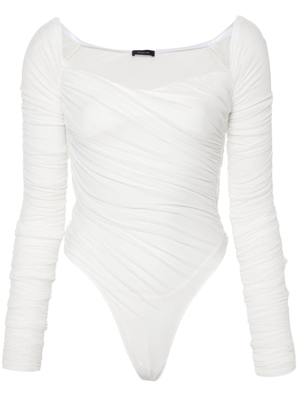 Mugler off-shoulder ruched mesh bodysuit - White von Mugler