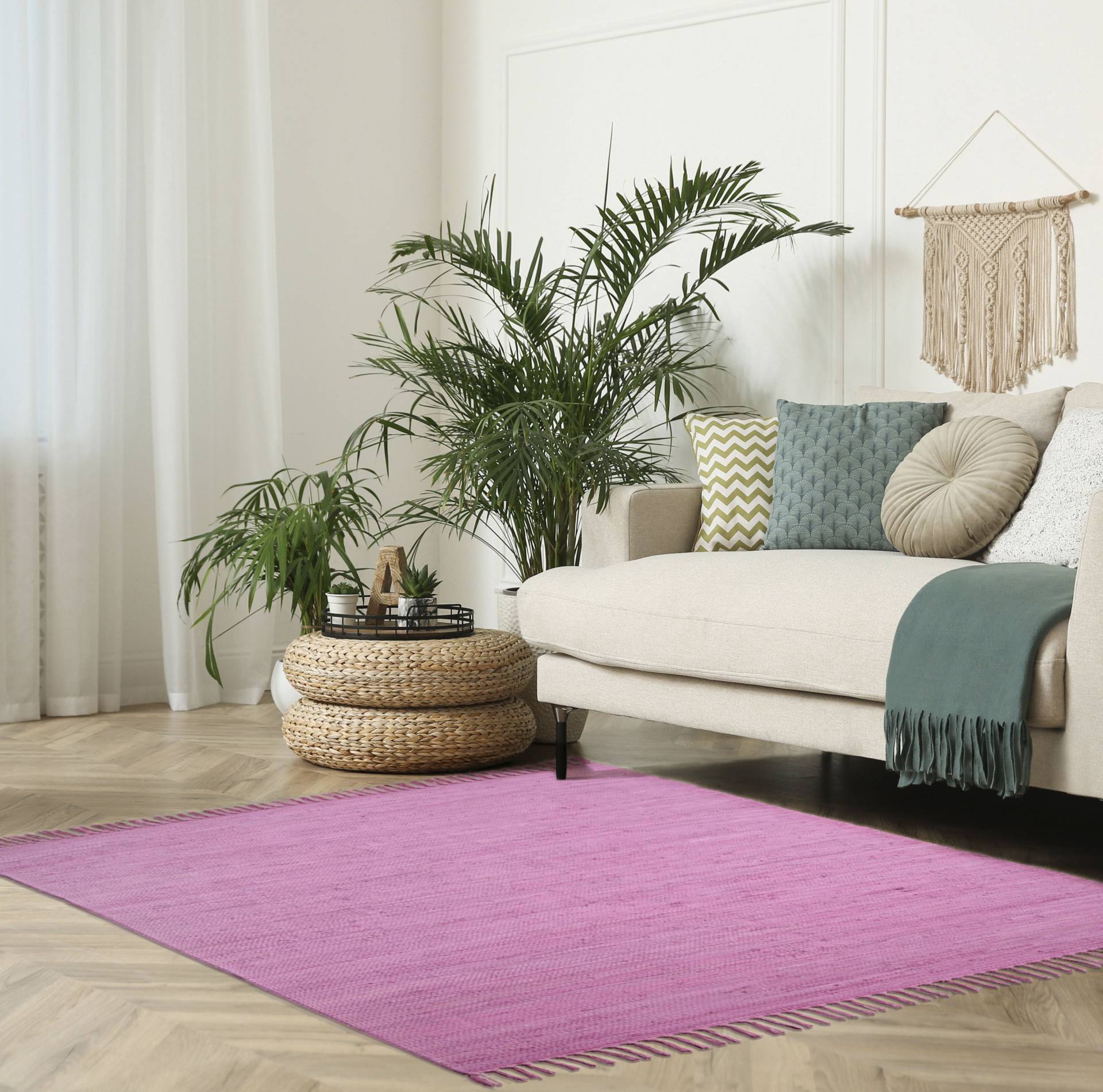 my home Teppich »Cadis«, rechteckig, Wendeteppich mit Fransen, Uni Farben, handgewebt, reine Baumwolle von My Home