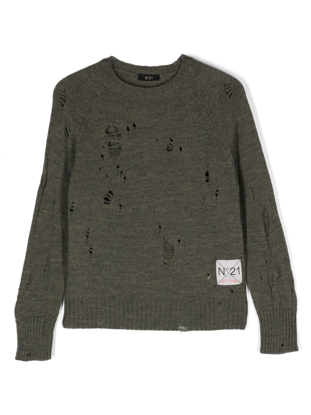 Nº21 Kids logo-patch distressed-knit jumper - Green von Nº21 Kids