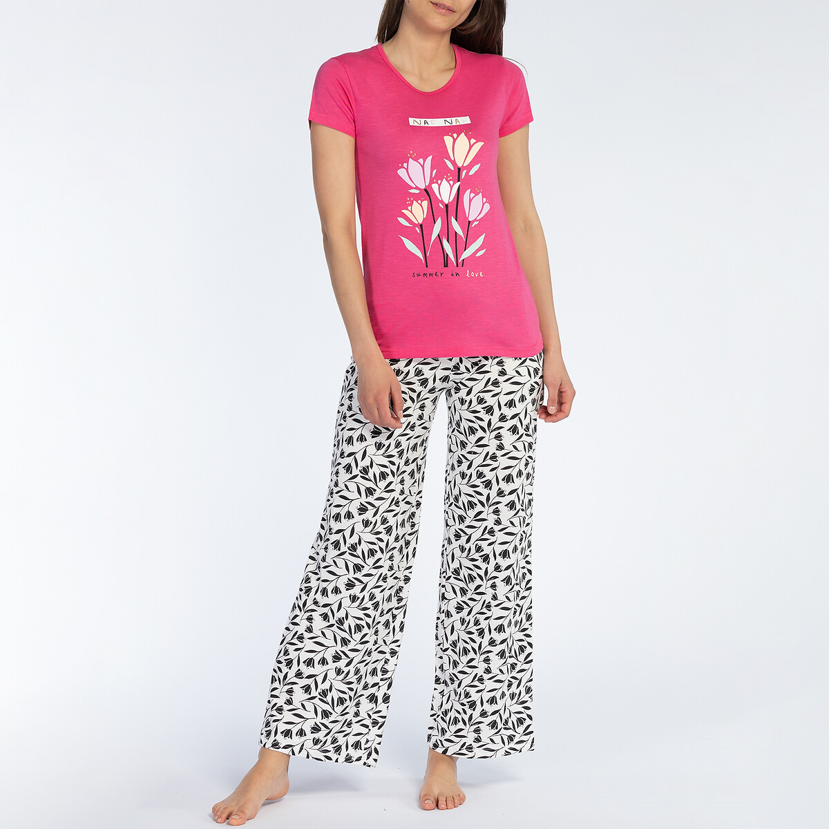 Jersey-Pyjama mit kurzärmeligem Oberteil & Tulpen von Naf Naf