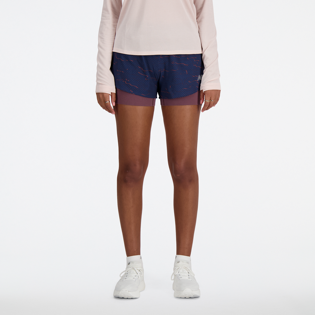 New Balance Damen Shorts W RC Seamless Printed 2 In 1  3 Inch, Blau, ideal für Training, Fitness & Running von New Balance