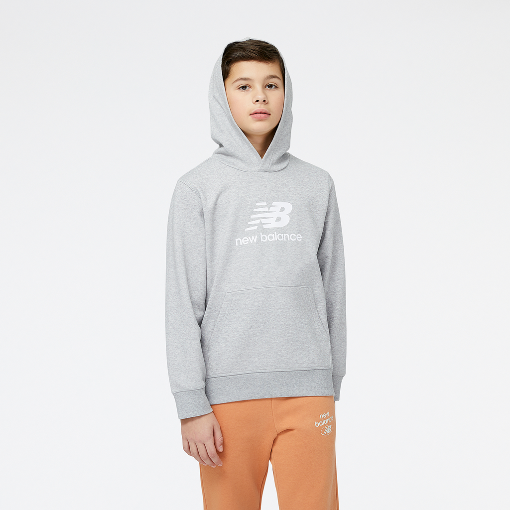 New Balance Kinder Kapuzenpullover Y Essentials Stacked Logo Hoodie, Grau, Relaxed Fit Fit, ideal für Freizeit & Reisen von New Balance