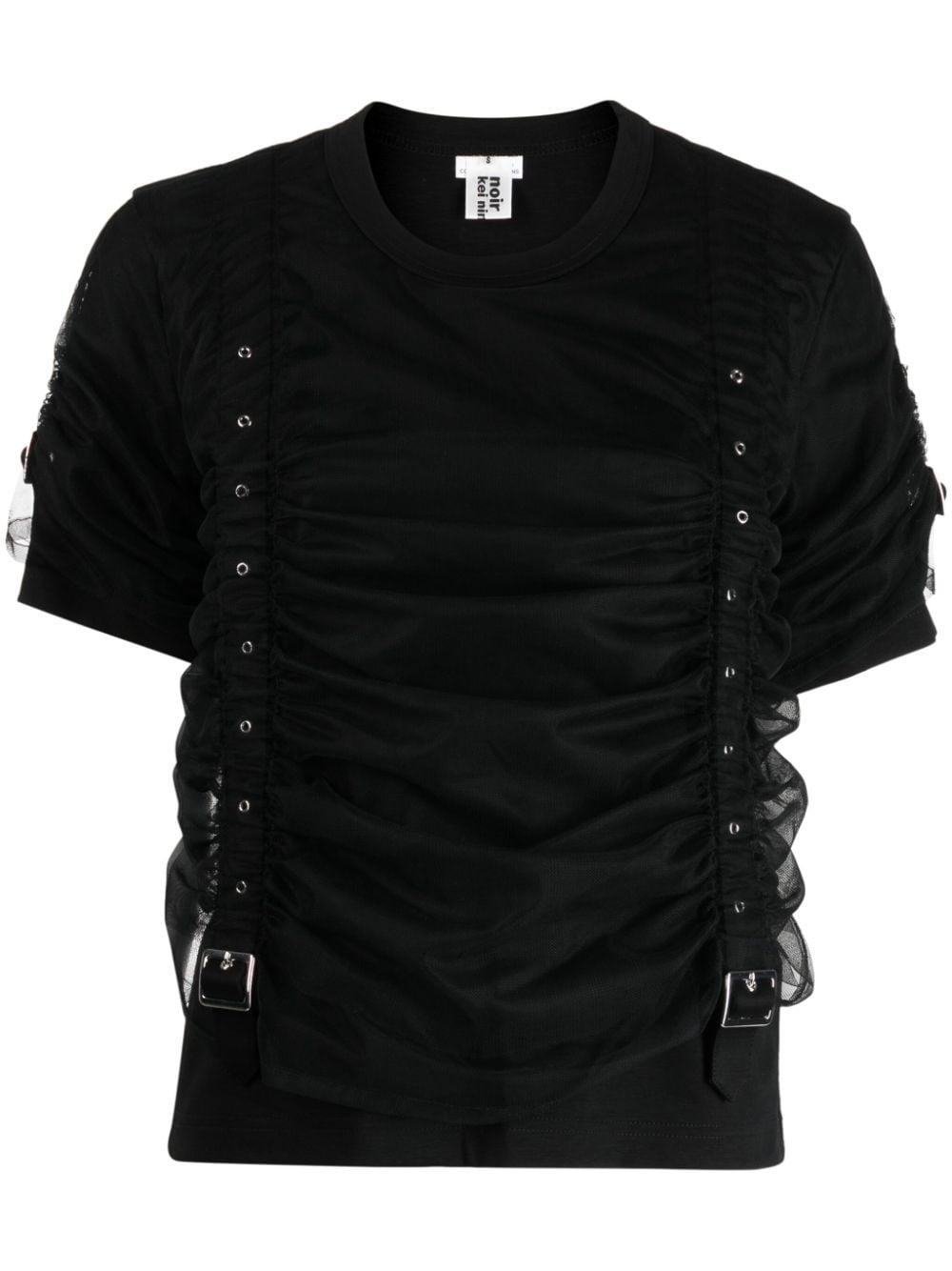 Noir Kei Ninomiya buckle-embellished tulle-overlay T-shirt - Black von Noir Kei Ninomiya