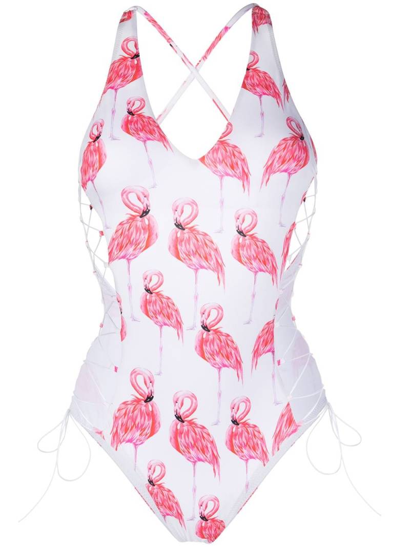 Noire Swimwear Flamingo print lace-up one-piece - White von Noire Swimwear