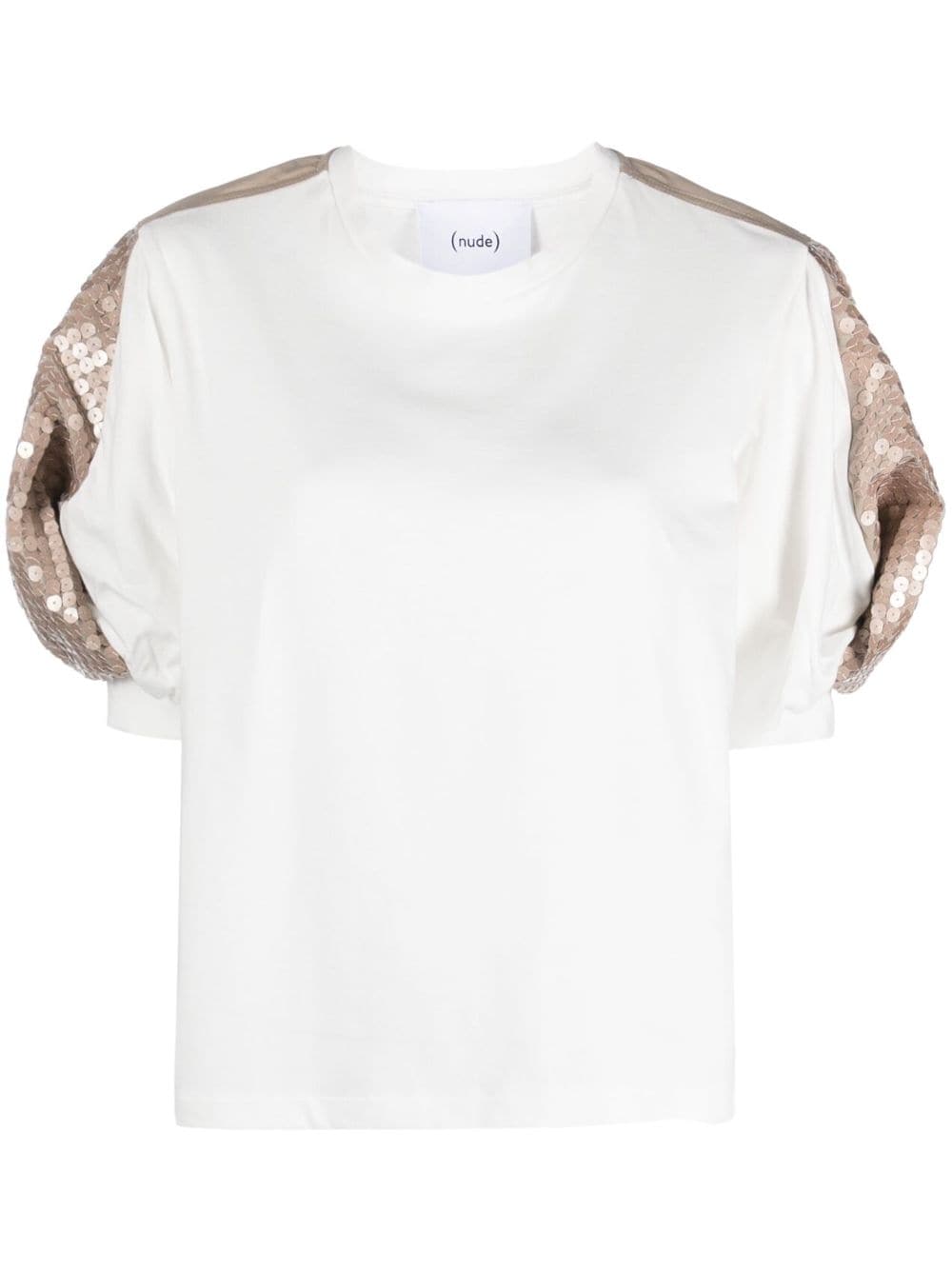 Nude puff-sleeves sequin-embellished T-shirt - White