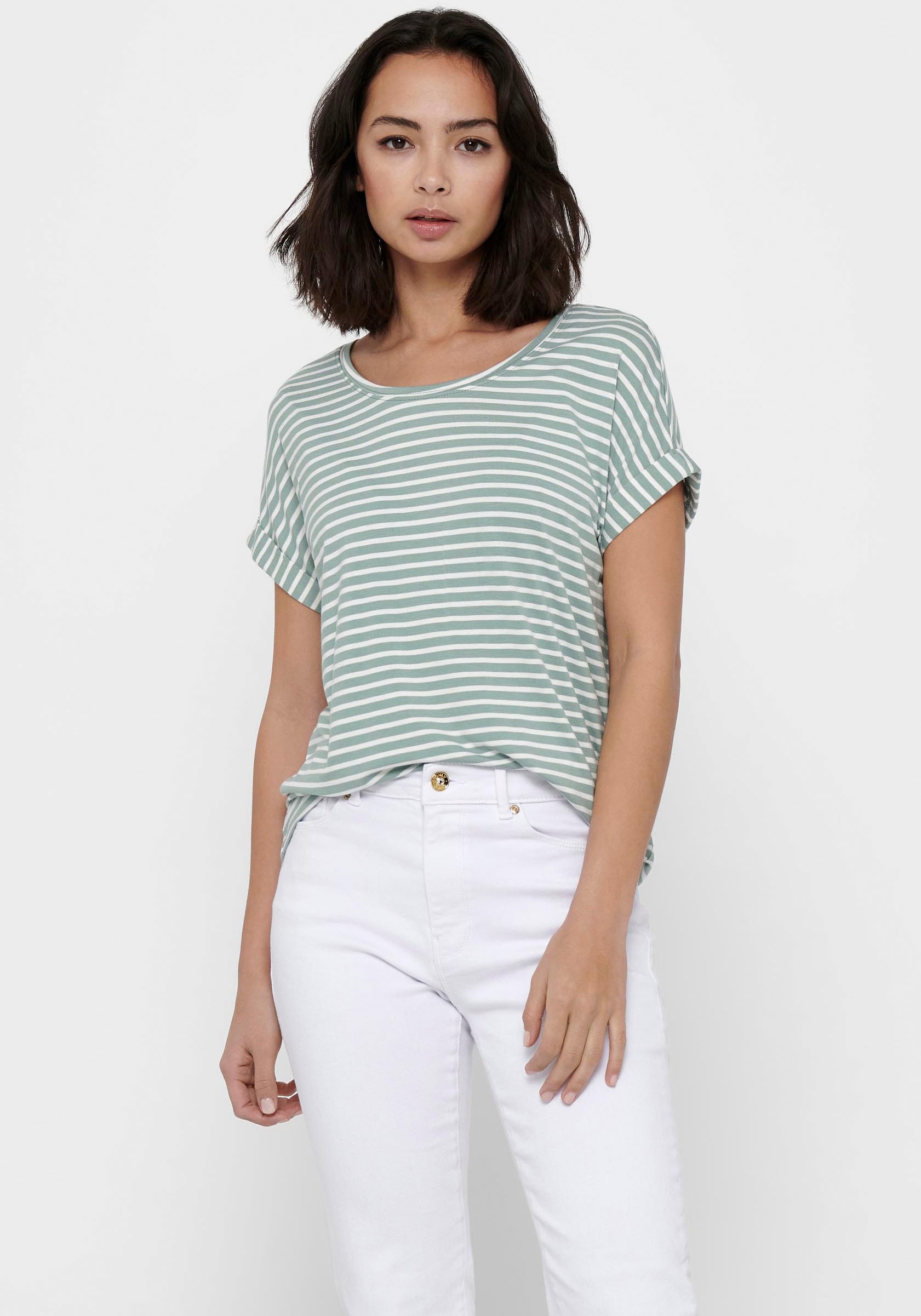 ONLY T-Shirt »ONLMOSTER STRIPE S/S O-NECK TOP JRS NOOS«, mit Aufschlag am Arm ONLY T-Shirt »ONLMOSTER STRIPE S/S O-NECK TOP JRS NOOS«, mit Aufschlag am Arm von ONLY