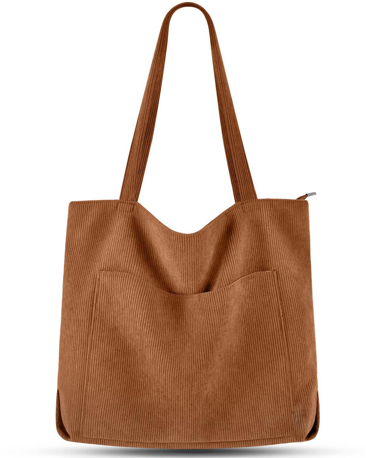 Cord Tasche Umhängetasche Mit Reißverschluss, Groß Shopper Tasche Tote Bag Handtasche Damen Braun ONE SIZE von Only-bags.store