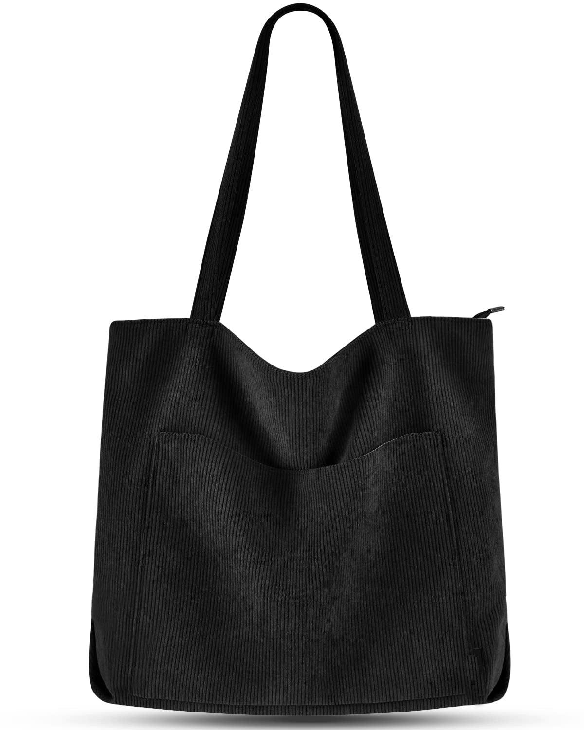 Cord Tasche Umhängetasche Mit Reißverschluss, Groß Shopper Tasche Tote Bag Handtasche Damen Schwarz ONE SIZE von Only-bags.store