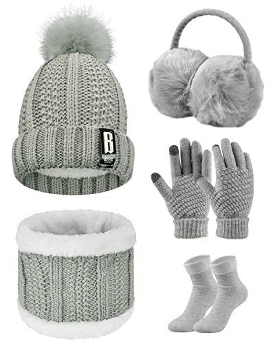 Mütze Schal Handschuh Sets 5 In 1 Gestrickt Damen Grau ONE SIZE von Only-bags.store