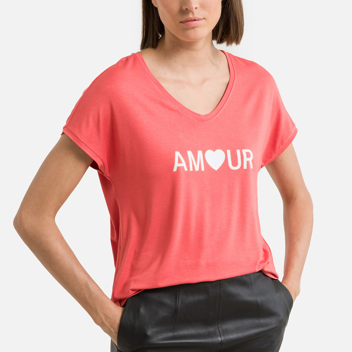 T-Shirt mit V-Ausschnitt, Motiv vorne von Only