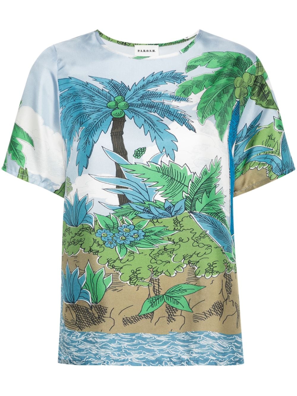 P.A.R.O.S.H. palm-tree-print silk T-shirt - Blue von P.A.R.O.S.H.