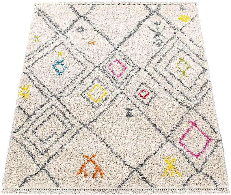 Paco Home Hochflor-Teppich »Wooly 284«, rechteckig, 39 mm Höhe, Berber Design, Rauten Motiv, weich & kuschelig, mit Fransen von PACO HOME