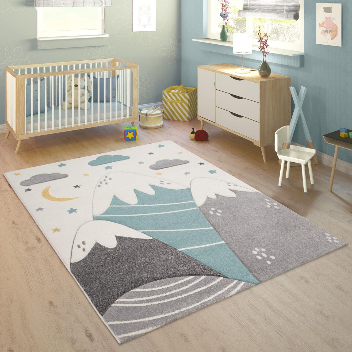 Paco Home Kinderteppich »Cosmo 707«, rechteckig, 3D-Design, niedliches Motiv Berge & Sterne, Pastell-Farben von PACO HOME