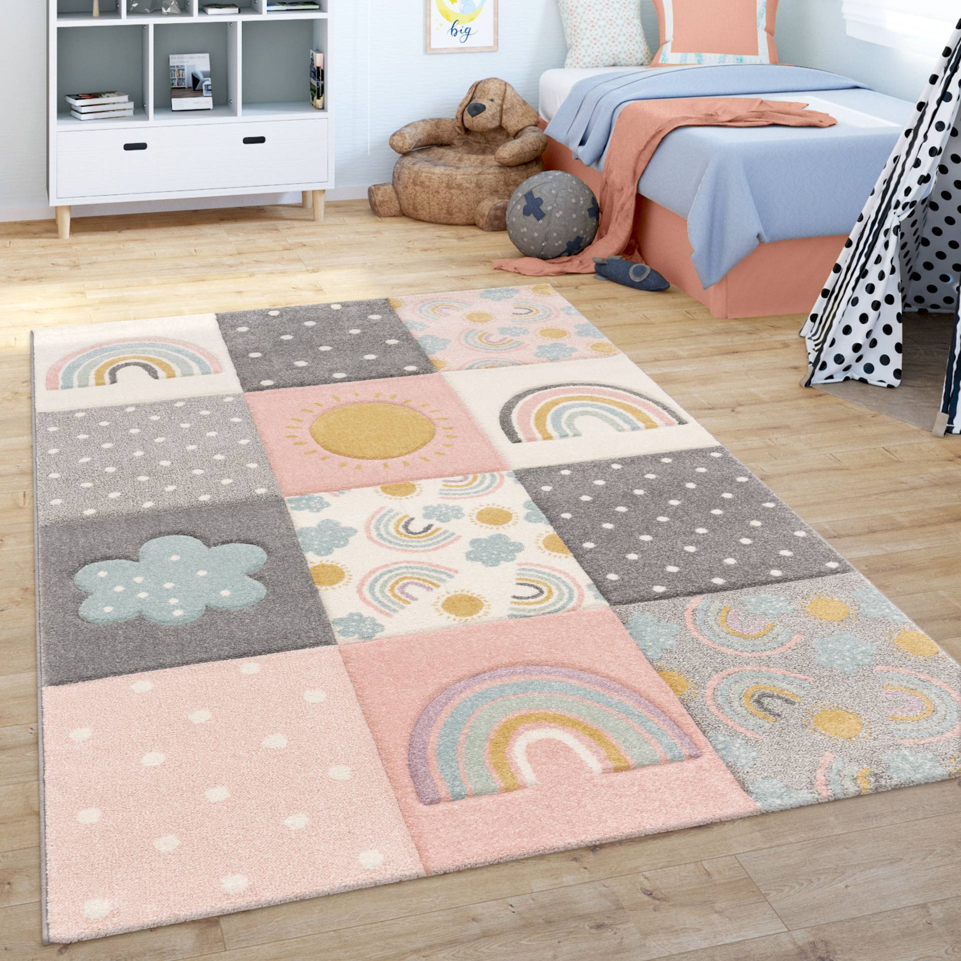 Paco Home Kinderteppich »Cosmo 962«, rechteckig, 12 mm Höhe, 3D-Design, Patchwork-Muster, Motiv Regenbogen & Punkte, Pastell-Farben Paco Home Kinderteppich »Cosmo 962«, rechteckig, 12 mm Höhe, 3D-Design, Patchwork-Muster, Motiv Regenbogen & Punkte, Pastell-Farben von PACO HOME