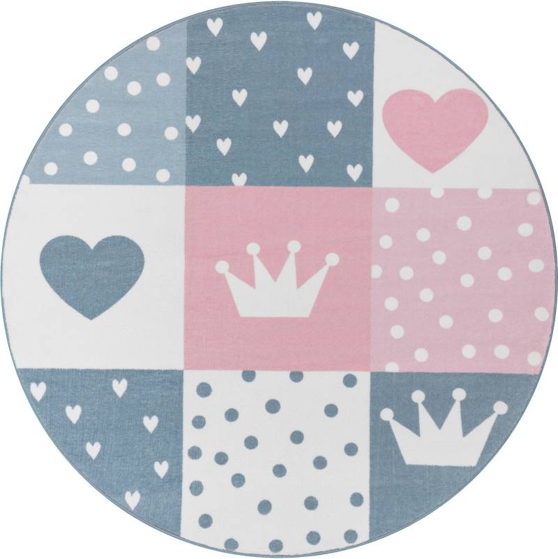 Paco Home Kinderteppich »Eliz 391«, rund, 12 mm Höhe, Kurzflor, Spielteppich, Patchwork-Muster, Motiv Krone, Herz & Punkte von PACO HOME