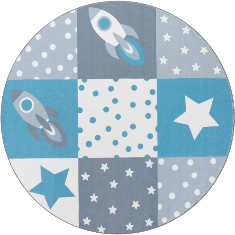 Paco Home Kinderteppich »Eliz 395«, rund, 12 mm Höhe, Spielteppich, Patchwork-Muster, Motiv Rakete, Sterne & Punkte von PACO HOME
