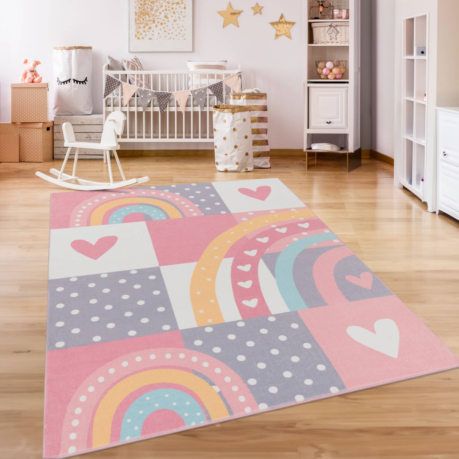 Paco Home Kinderteppich »Eliz 397«, rechteckig, 12 mm Höhe, Spielteppich, Patchwork-Muster, Motiv Regenbogen, Punkte & Herz Paco Home Kinderteppich »Eliz 397«, rechteckig, 12 mm Höhe, Spielteppich, Patchwork-Muster, Motiv Regenbogen, Punkte & Herz von PACO HOME