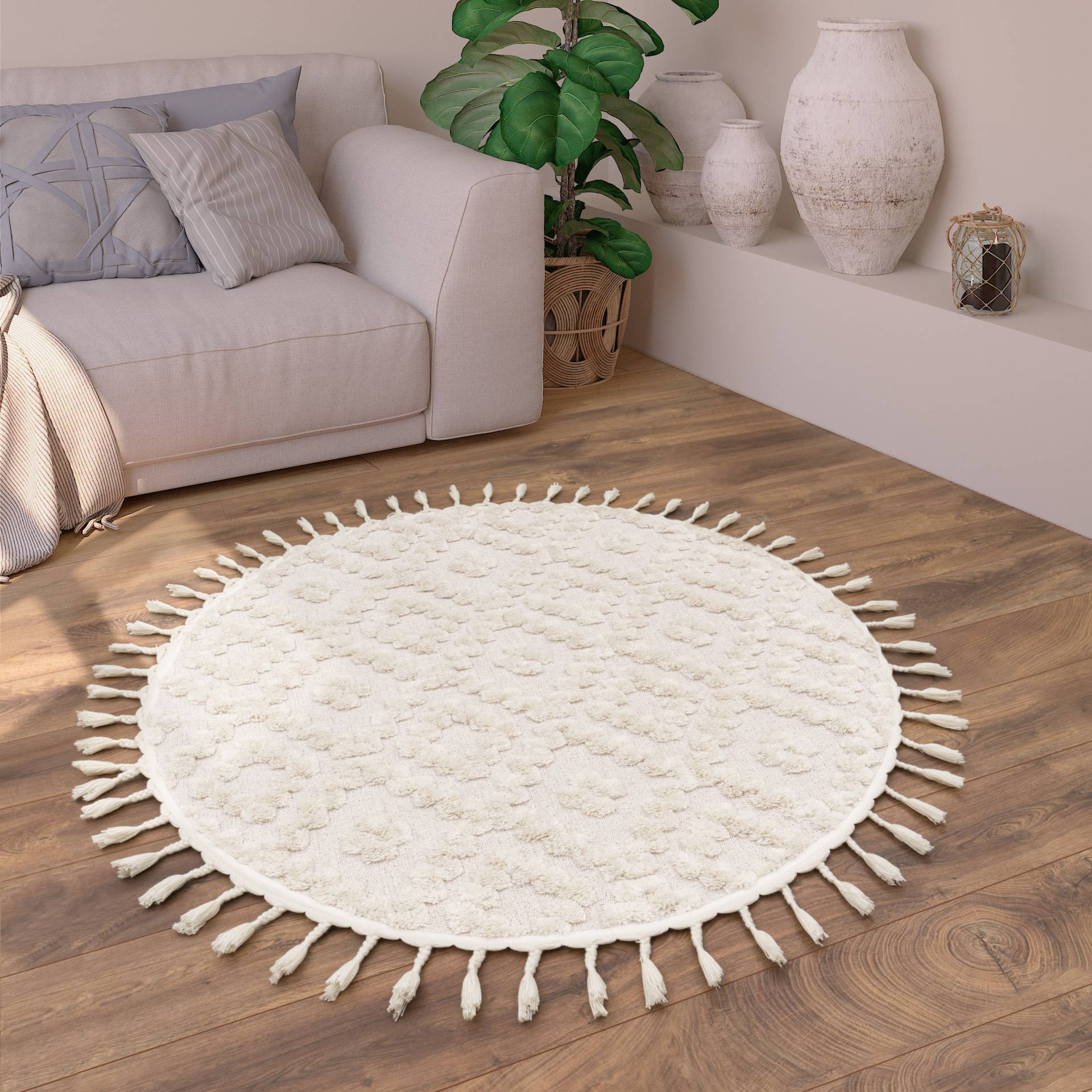 Paco Home Teppich »Auckland 293«, rund, 21 mm Höhe, Kurzflor, Uni-Farben, Rauten Design, Hoch-Tief-Effekt, mit Fransen Paco Home Teppich »Auckland 293«, rund, 21 mm Höhe, Kurzflor, Uni-Farben, Rauten Design, Hoch-Tief-Effekt, mit Fransen von PACO HOME