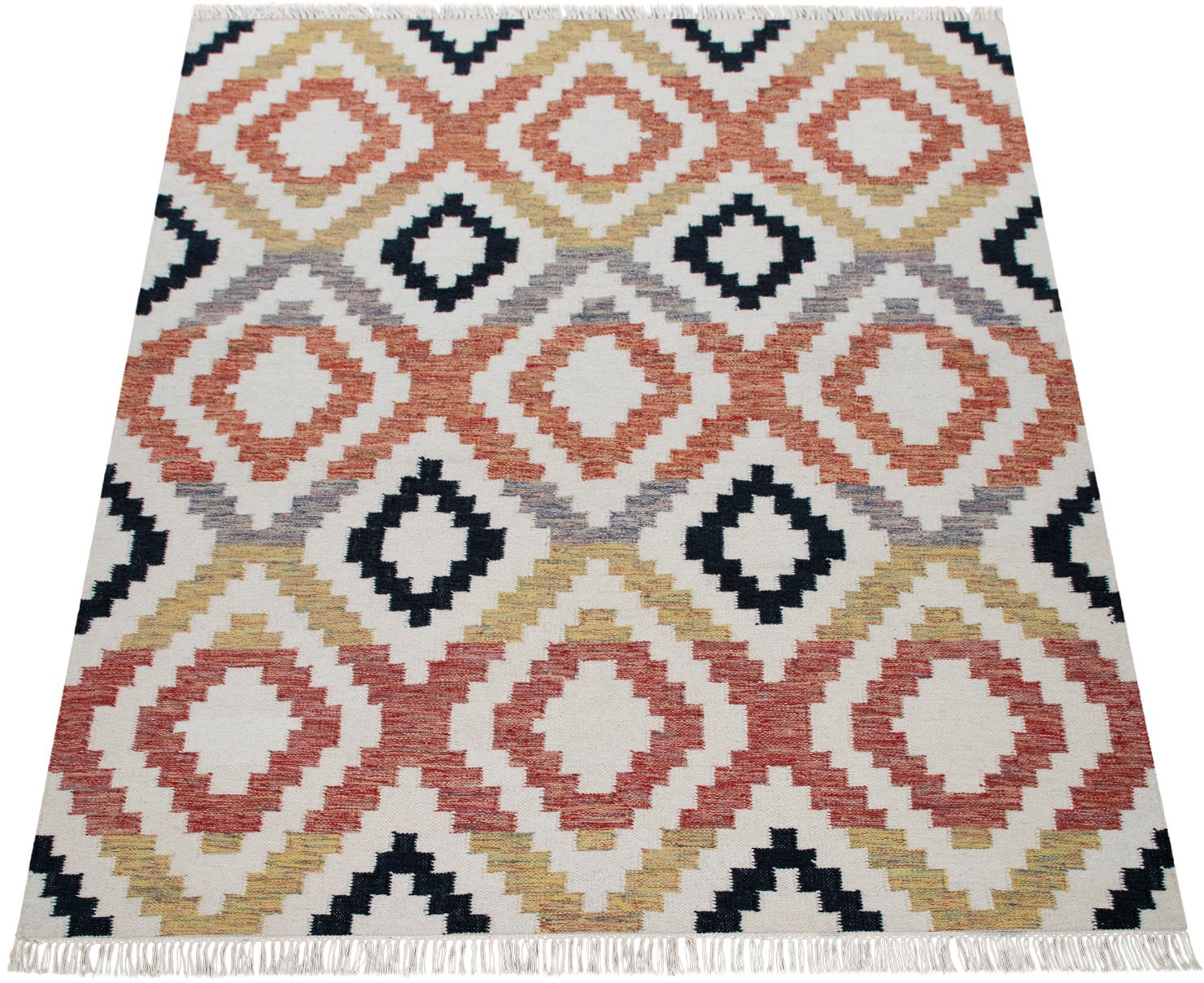 Paco Home Wollteppich »Kenitra 501«, rechteckig, 12 mm Höhe, Flachgewebe, reine Wolle, handgewebt, Rauten Design, mit Fransen Paco Home Wollteppich »Kenitra 501«, rechteckig, 12 mm Höhe, Flachgewebe, reine Wolle, handgewebt, Rauten Design, mit Fransen von PACO HOME