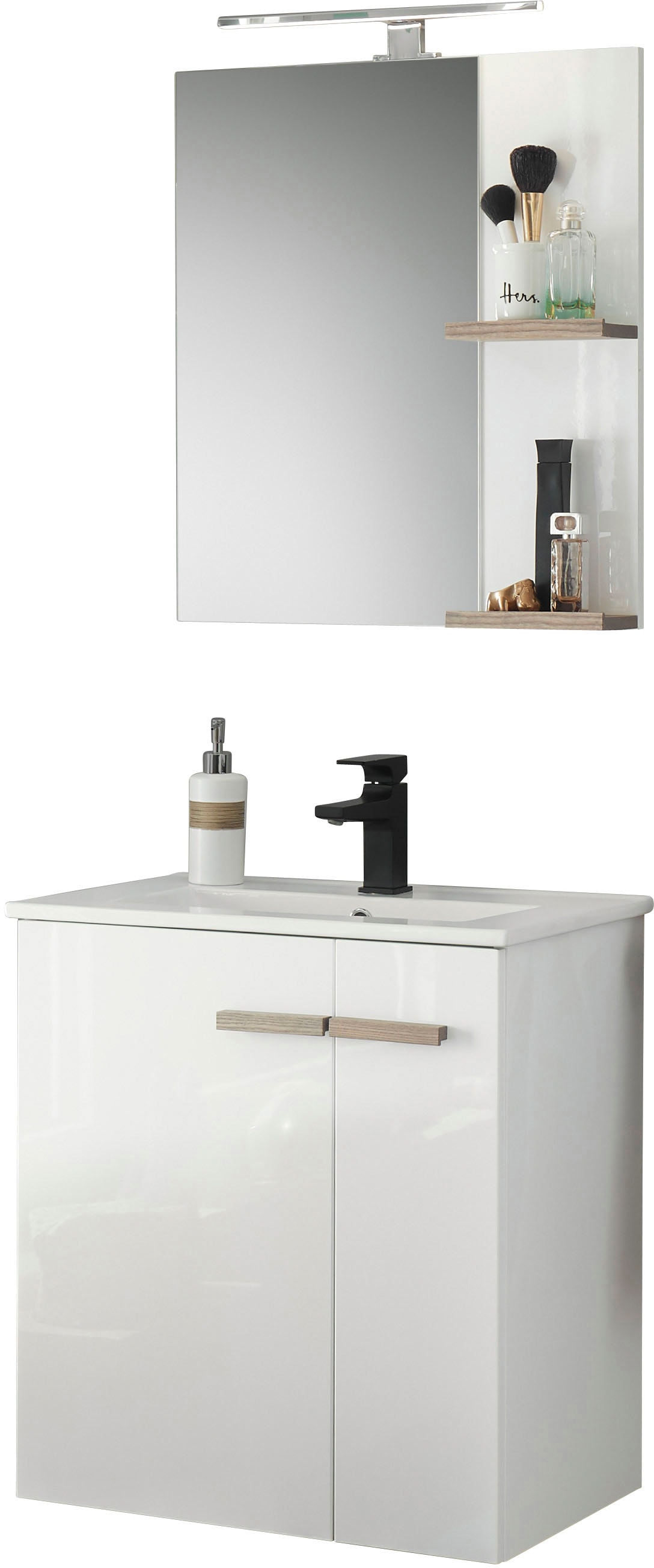 Places of Style Badmöbel-Set »SOLiD«, (2 St.), Breite 60 cm, Waschtisch mit Einbauwaschbecken, Spiegel, Aufbauleuchte von PLACES OF STYLE