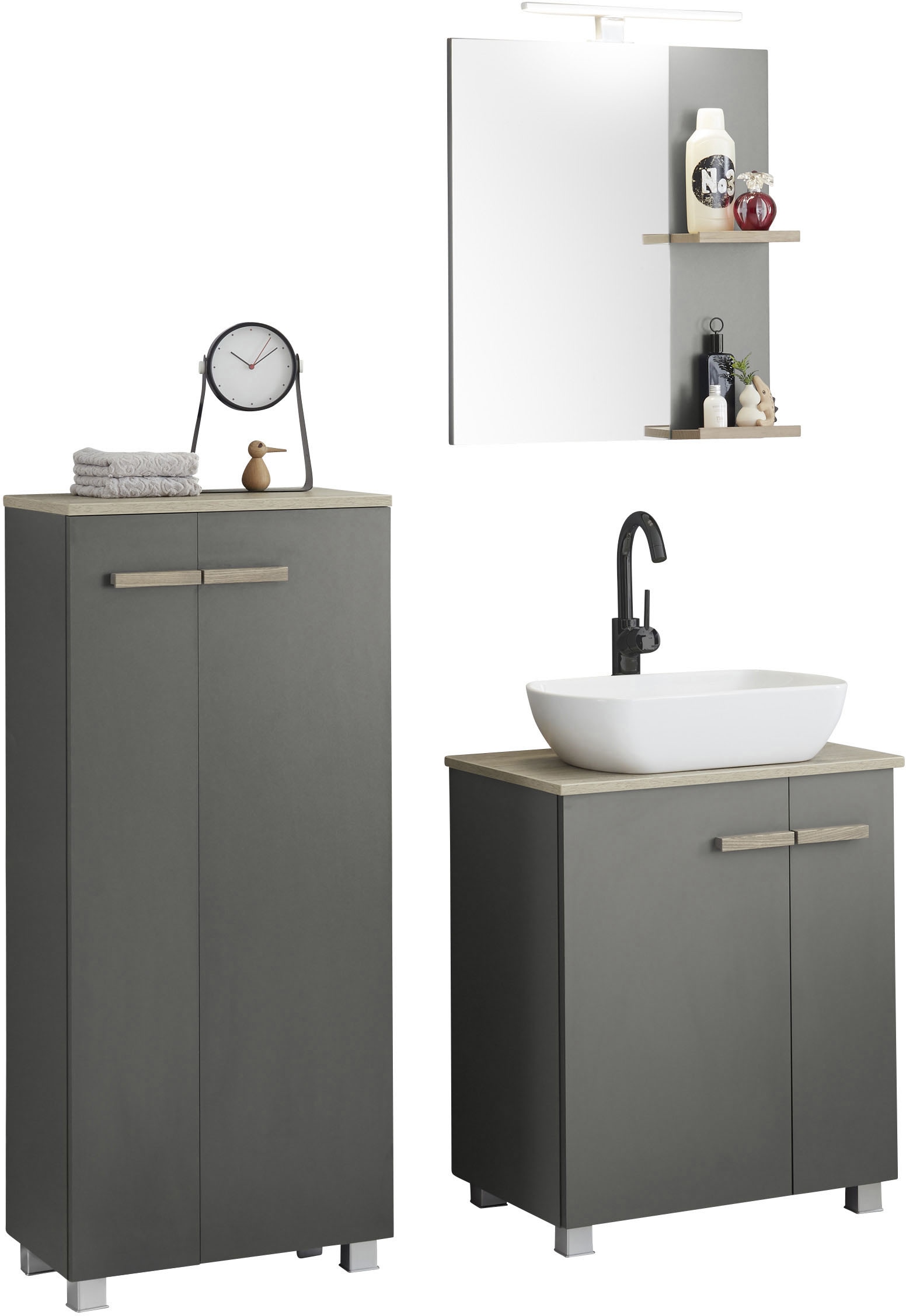 Places of Style Badmöbel-Set »SOLiD«, (Set, 3 St.), Gesamtbreite 130 cm, Waschtisch mit Aufsatzwaschbecken, Midischrank von PLACES OF STYLE