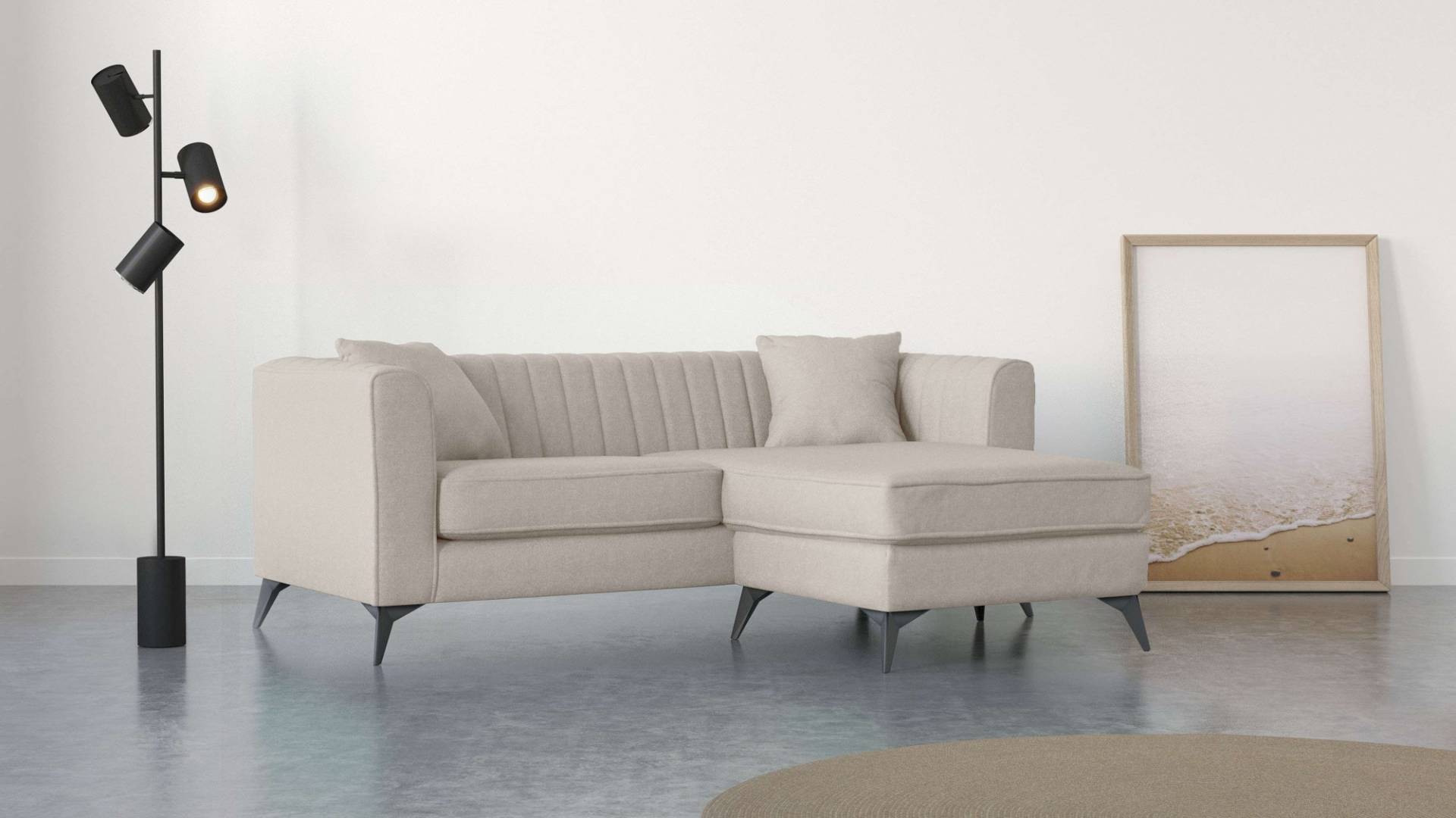 Places of Style Ecksofa »MATTHEW L-Form ideal für kleine Räume, Masse B/T/H: 201/162/74 cm«, elegantes Designsofa, feine Steppung im Rücken, incl. Zierkissen von PLACES OF STYLE