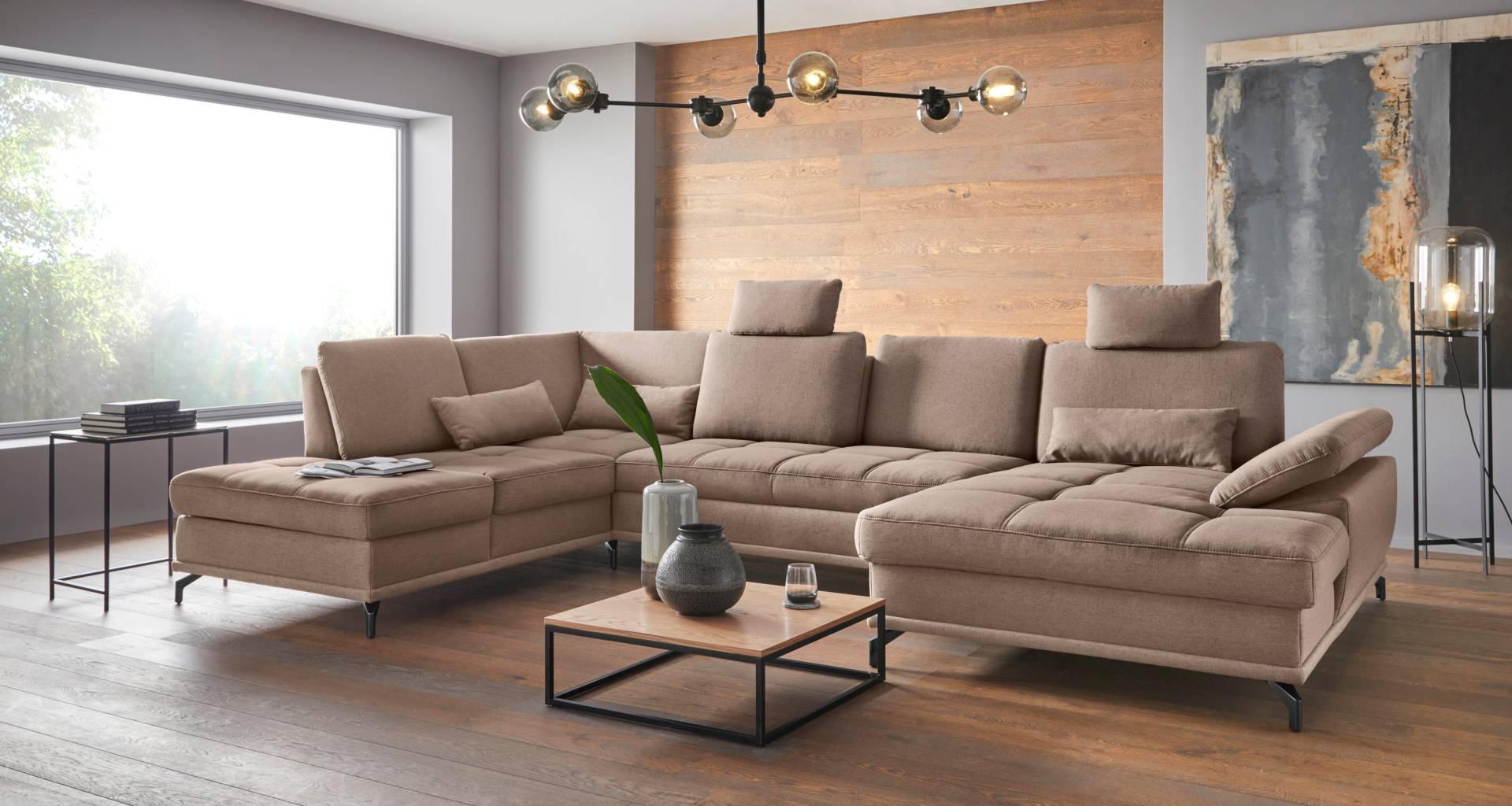 Places of Style Wohnlandschaft »Costello U-Form, mit Sitztiefenverstellung, Armteilverstellung und«, 3 Nierenkissen, optional Bettfunktion und Bettkasten von PLACES OF STYLE