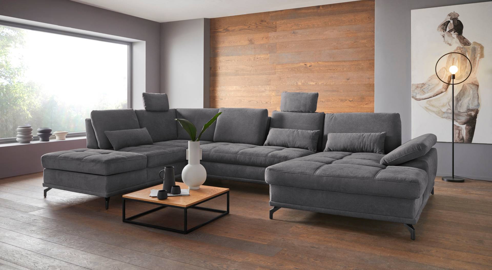 Places of Style Wohnlandschaft »Costello U-Form, mit Sitztiefenverstellung, Armteilverstellung und«, 3 Nierenkissen, optional Bettfunktion und Bettkasten von PLACES OF STYLE
