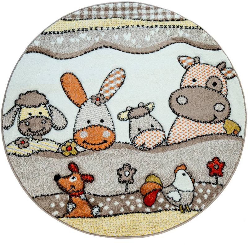 Paco Home Kinderteppich »Diamond 639«, rund, 18 mm Höhe, Kurzflor, 3D-Design, Motiv Bauernhof-Tiere, Kinderzimmer von PACO HOME