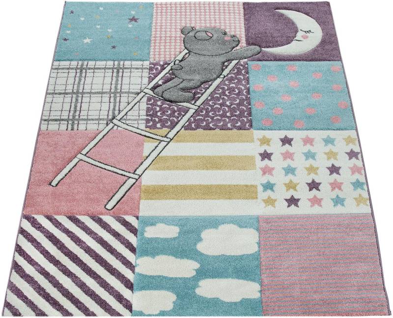 Paco Home Kinderteppich »Ela 399«, rechteckig, 17 mm Höhe, 3D-Design, Patchwork Muster, Motiv Bär, Sterne & Punkte, Kinderzimmer von PACO HOME