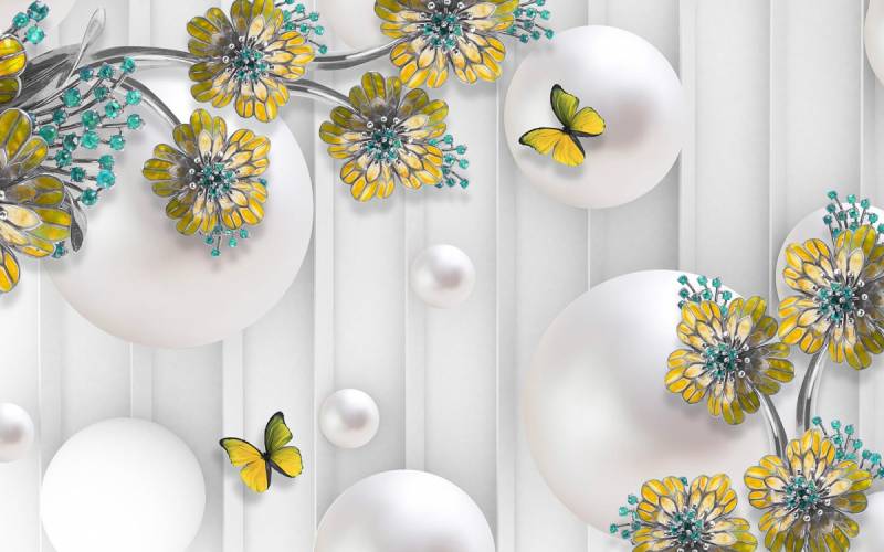 Papermoon Fototapete »Abstrakt 3D Effekt mit Blumen und Schmetterlingen« von Papermoon