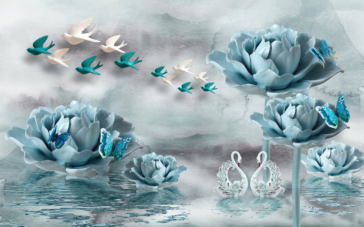 Papermoon Fototapete »Blumen mit Vögeln weiss blau« Papermoon Fototapete »Blumen mit Vögeln weiss blau« von Papermoon