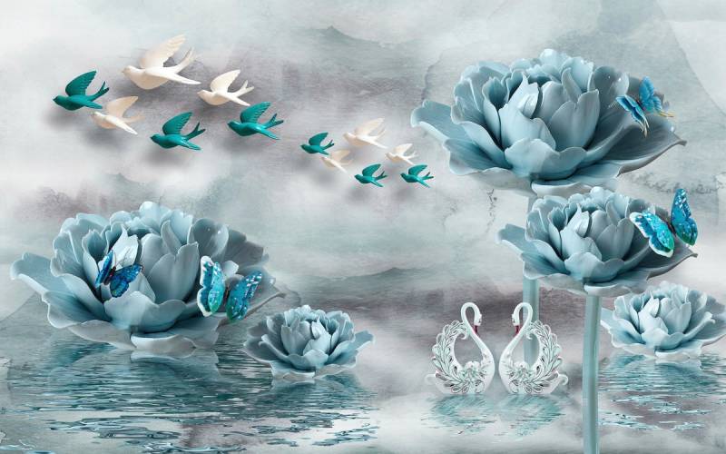 Papermoon Fototapete »Blumen mit Vögeln weiss blau« von Papermoon