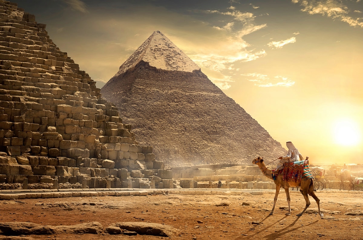 Papermoon Fototapete »Kamel vor Pyramiden« von Papermoon