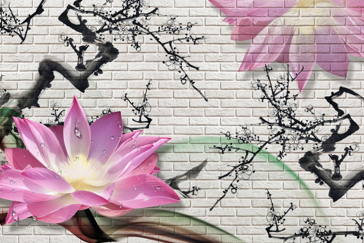 Papermoon Fototapete »LOTUSBLUME-STEINWAND GRAFFITI BLUMEN 3D DESIGN BLUME« von Papermoon