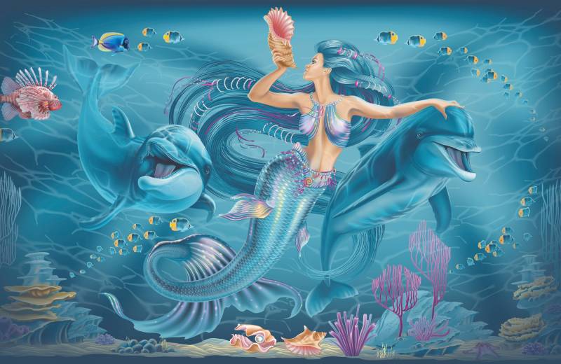 Papermoon Fototapete »MEERJUNGFRAU-ABSTRAKT DESIGN DELFINE FISCHE OZEAN SEE« von Papermoon