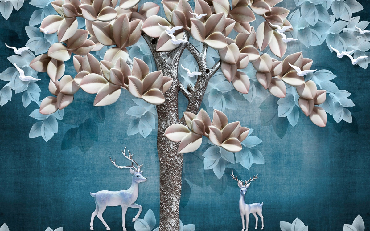 Papermoon Fototapete »Muster mit Blumen und Hirschen« von Papermoon