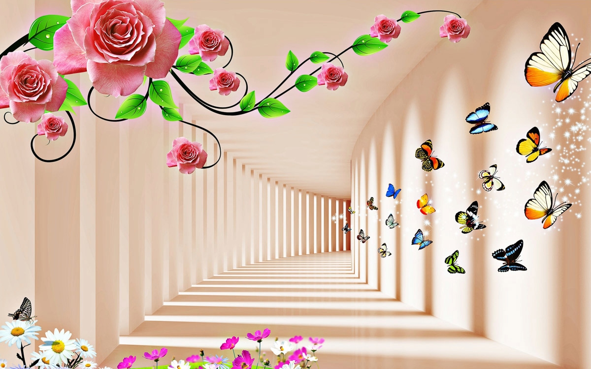 Papermoon Fototapete »Muster mit Blumen und Schmetterlingen« von Papermoon