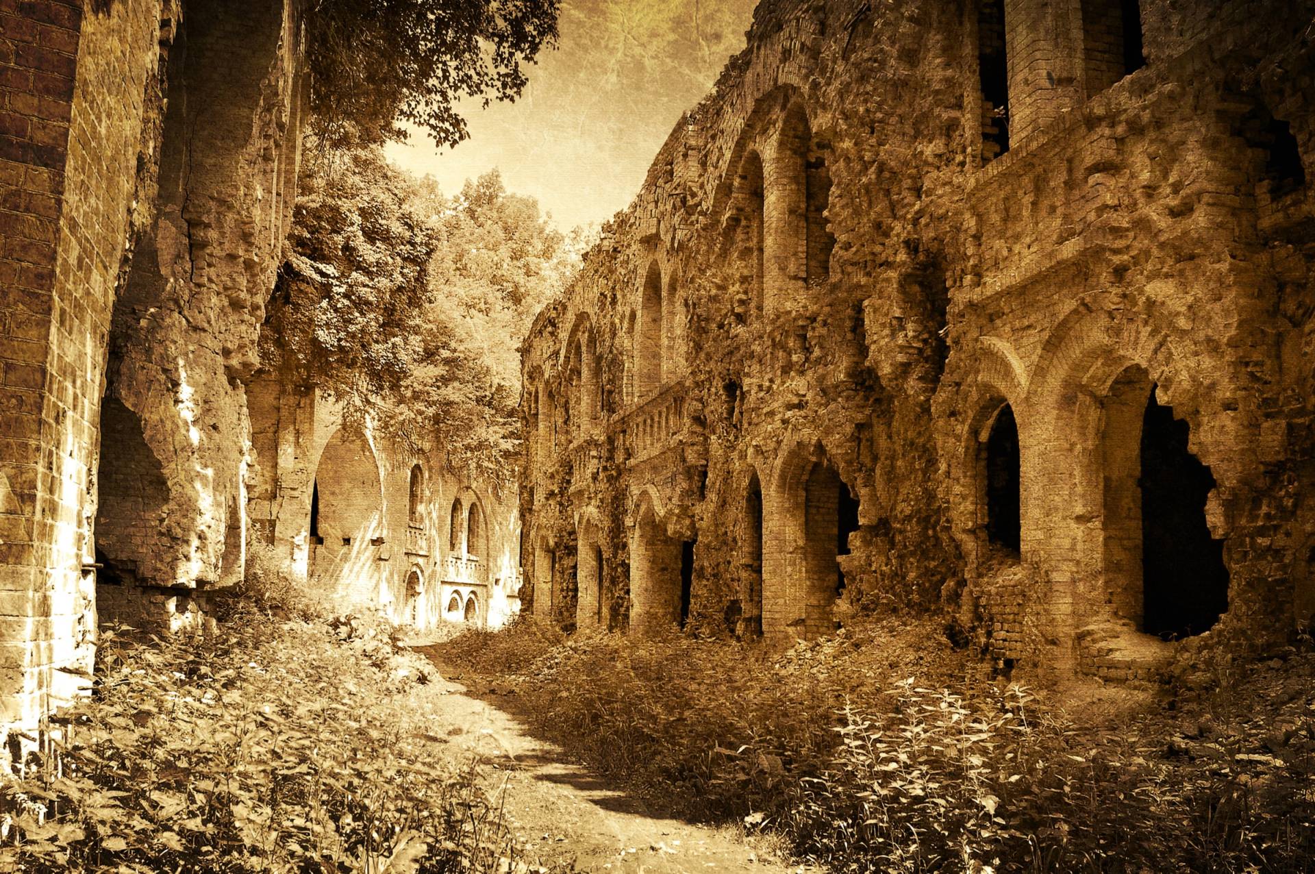 Papermoon Fototapete »RUINEN-SCHLOSS MAUER ALT VINTAGE KÜNSTLICH BURG RETRO« von Papermoon