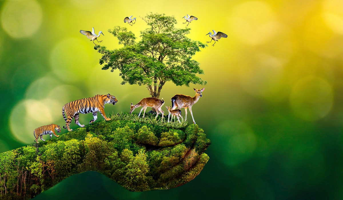 Papermoon Fototapete »hand mit Baum und Tieren« von Papermoon