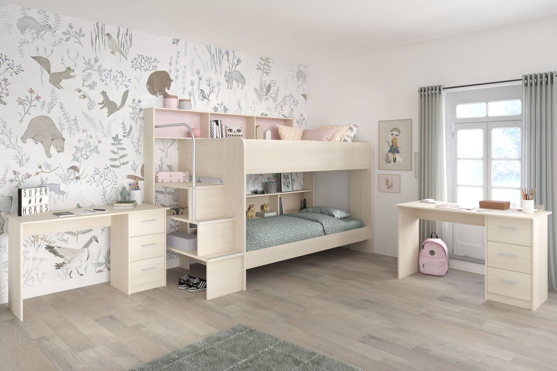 Parisot Jugendzimmer-Set »Bibop«, (3 tlg., Etagenbett, zwei Schreibtische), mit 2 Schreibtischen von Parisot