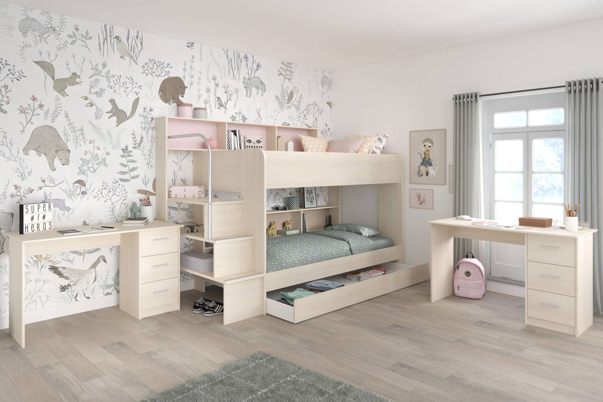 Parisot Jugendzimmer-Set »Bibop«, (3 tlg., Etagenbett, zwei Schreibtische), mit 2 Schreibtischen von Parisot