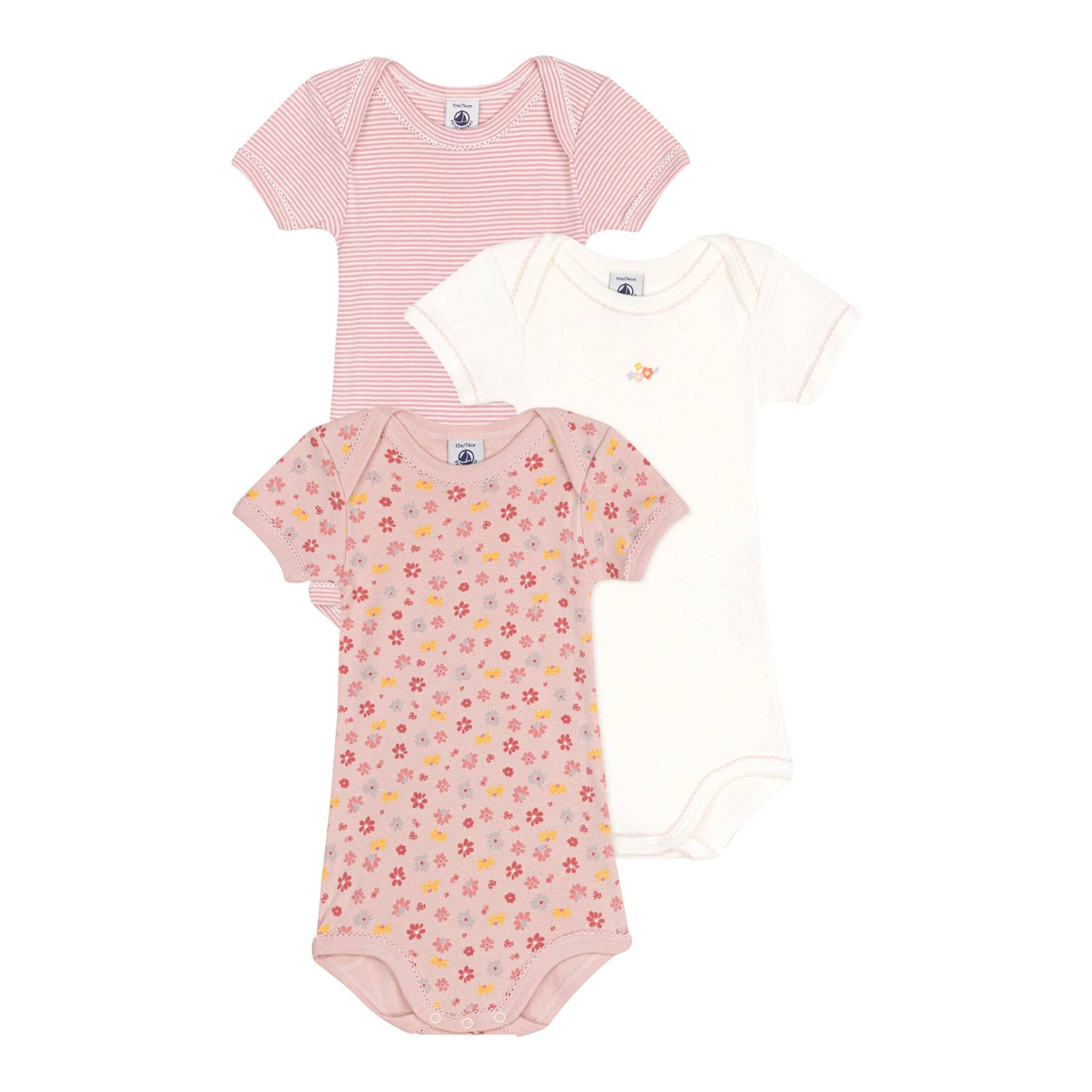 3er-Pack Bodys kurzarm Blumen Ringel von Petit Bateau