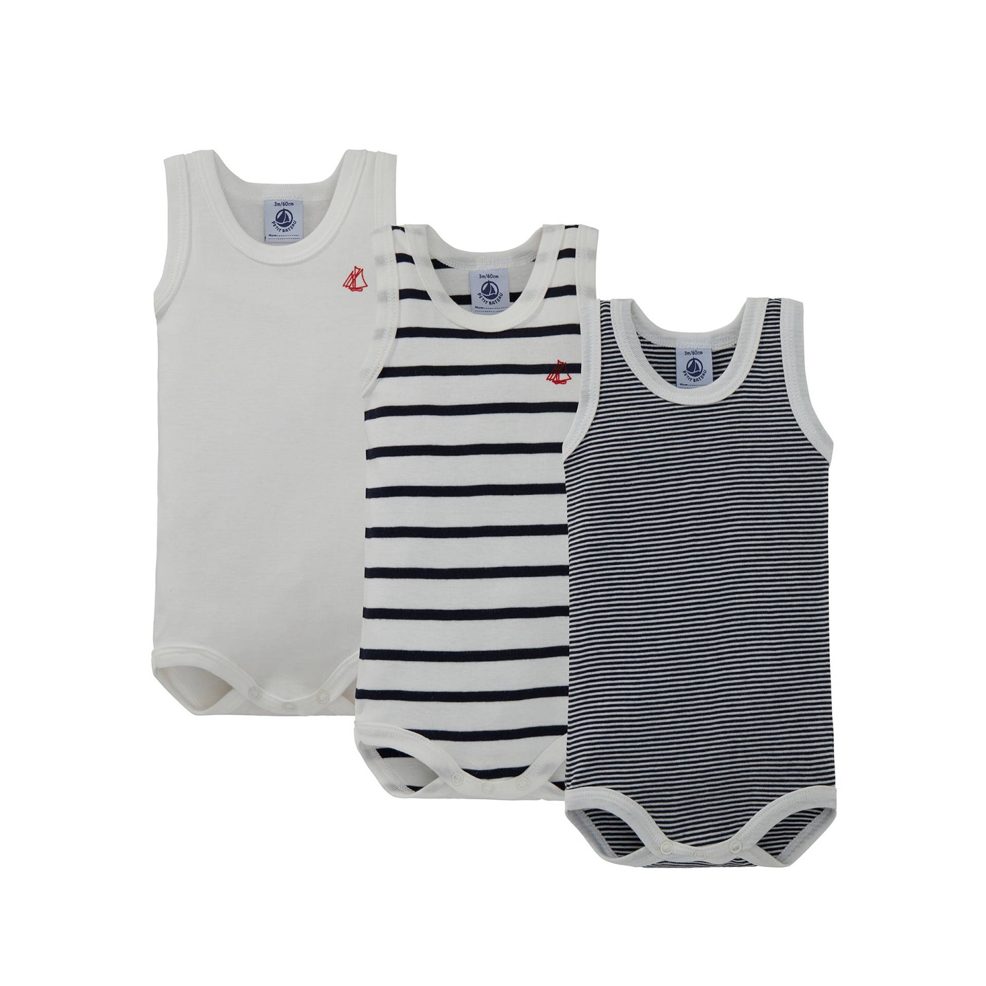 3er-Pack Bodys ohne Arm Uni Ringel Streifen 3er-Pack Bodys ohne Arm Uni Ringel Streifen von Petit Bateau