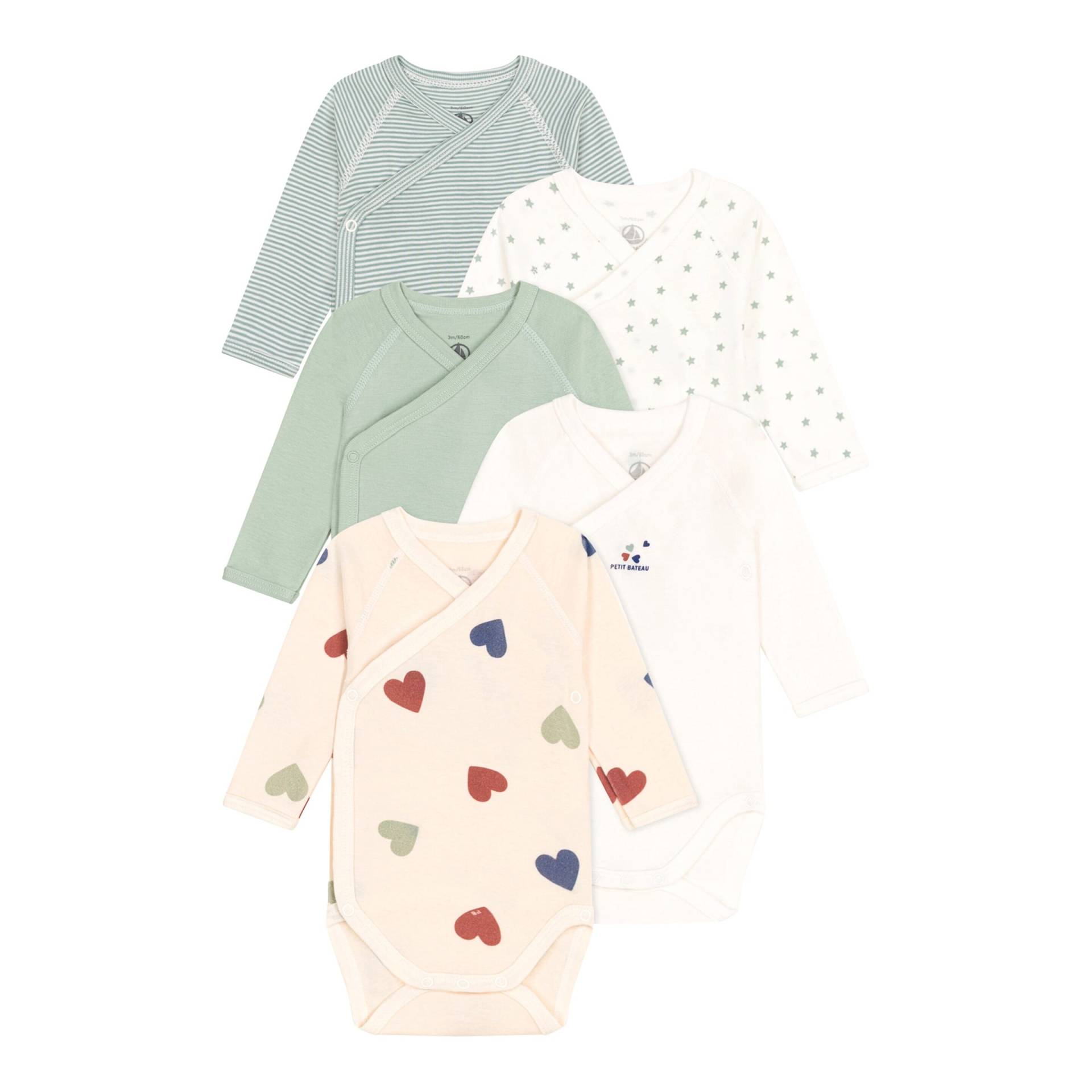 5er-Pack Wickelbodys langarm Herzen Sterne Ringel von Petit Bateau