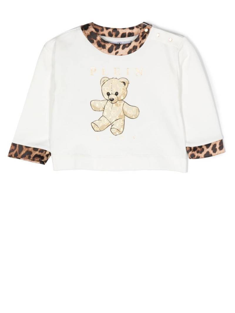 Philipp Plein Junior Teddy Bear-print leopard-trim top - White von Philipp Plein Junior